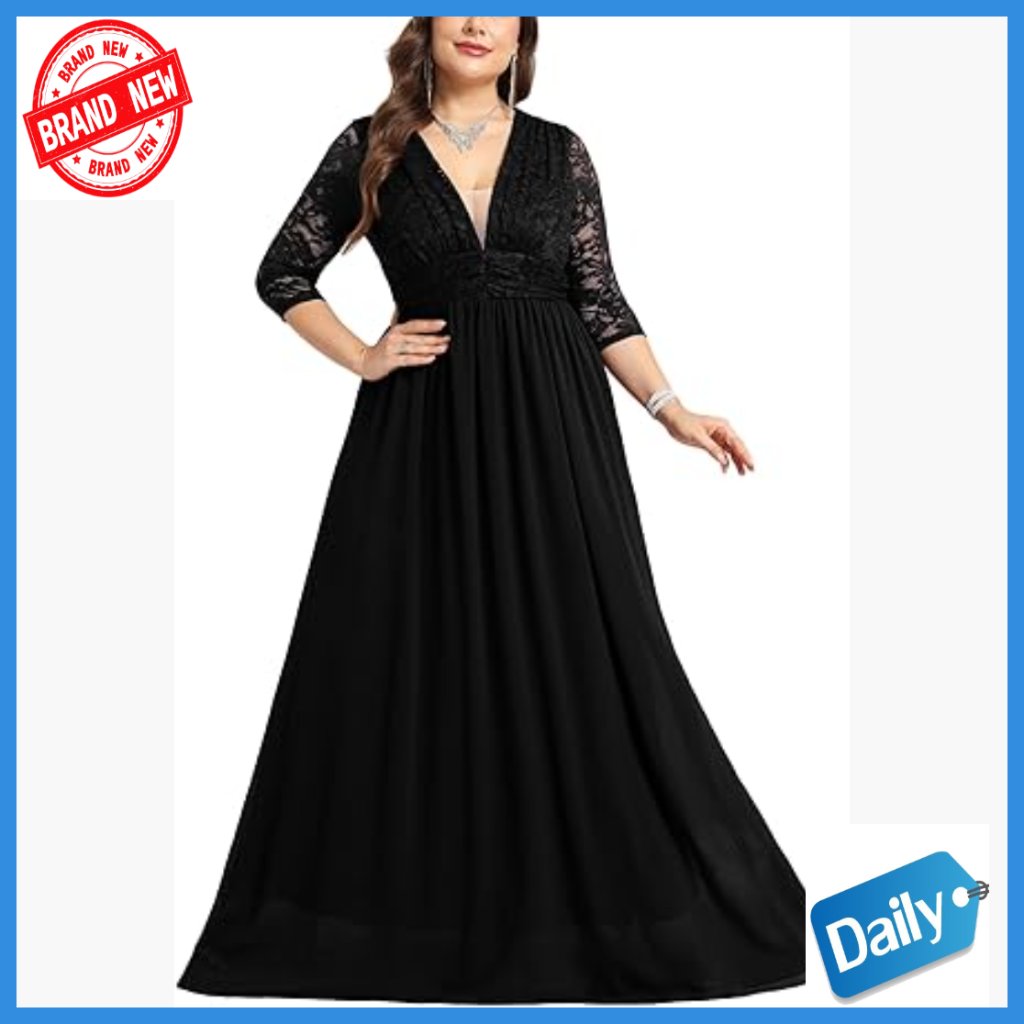 Plus Size Lace Chiffon Deep V-Neck A-Line Maxi Dress Formal Evening Gown